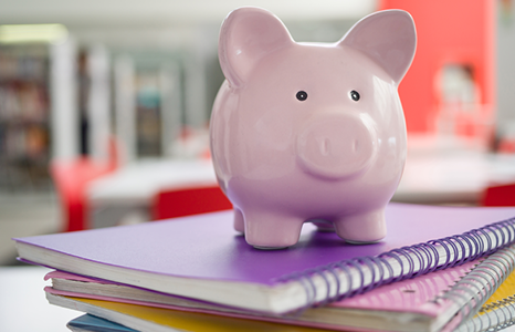 Pink Porcelain Piggy Bank on Stack of Notebooks