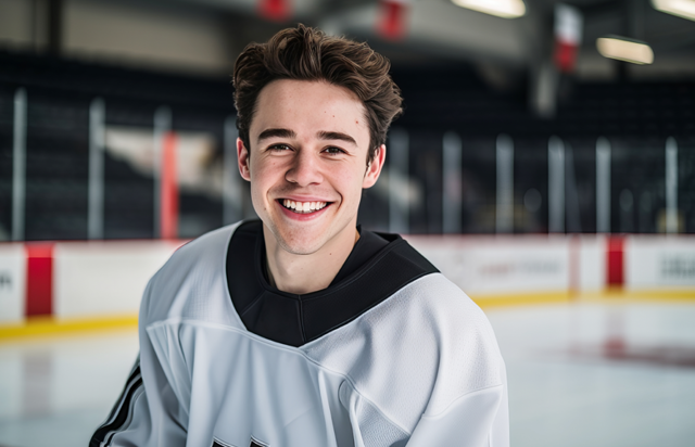Young hockey player wearing grey jersey smiling while on ice 