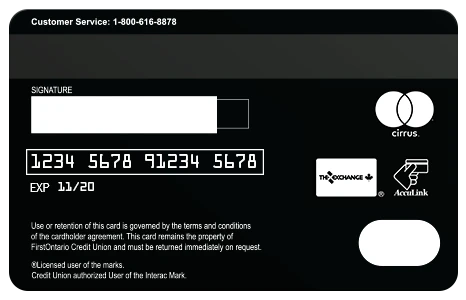 Back of FirstOntario Debit MasterCard with Card Numbers Highlighted
