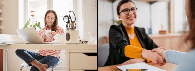 Collage of woman sitting at desk and meeting with financial advisor