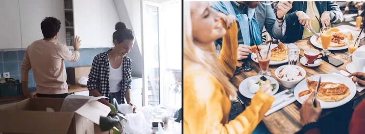 Collage of two people moving house and eating out at a restaurant