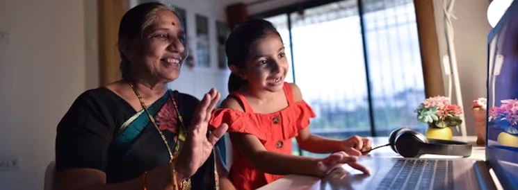 Mother and daughter talking on video call