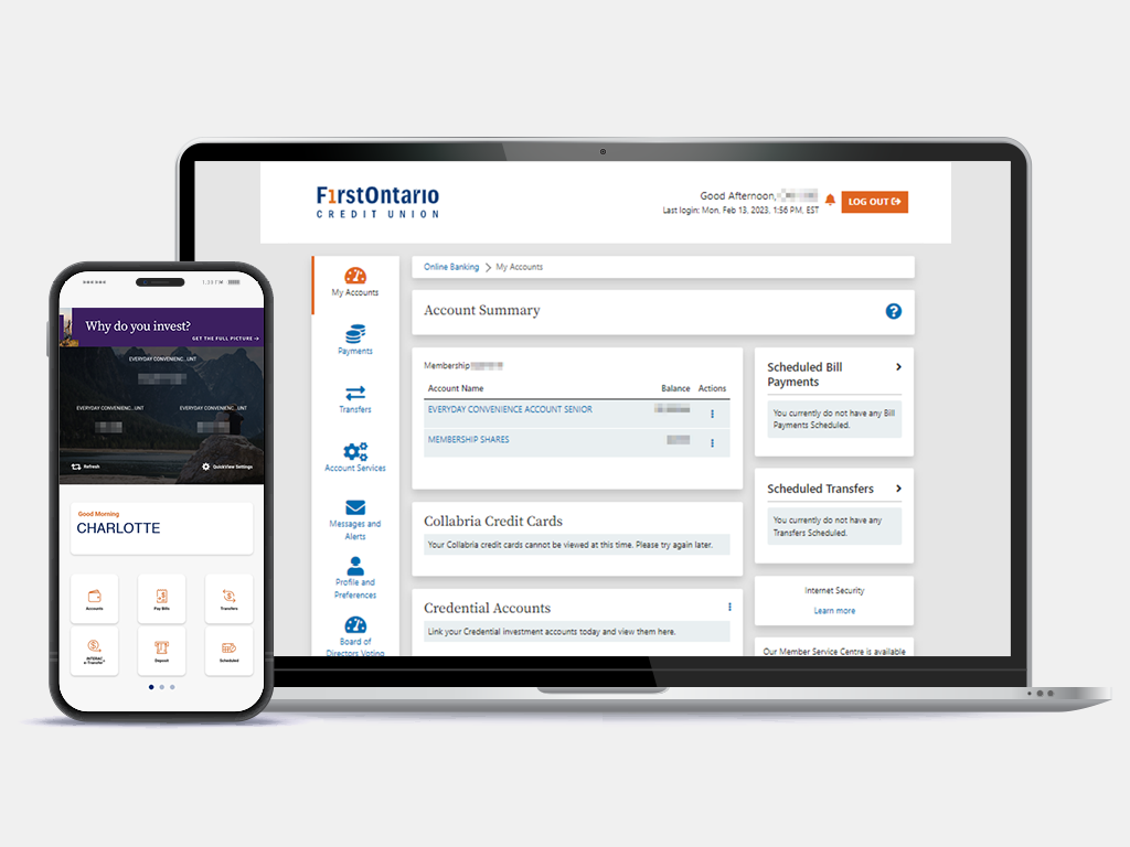 FirstOntario Online Banking Account Summary Desktop and Mobile