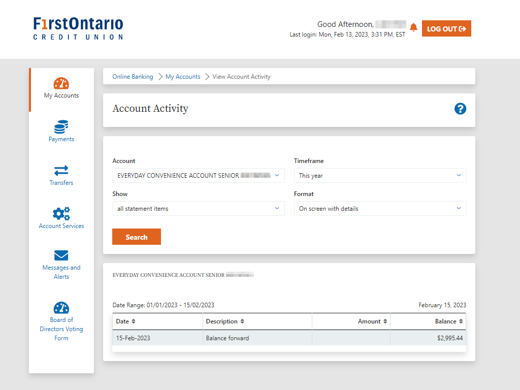 FirstOntario Online Banking Account Activity