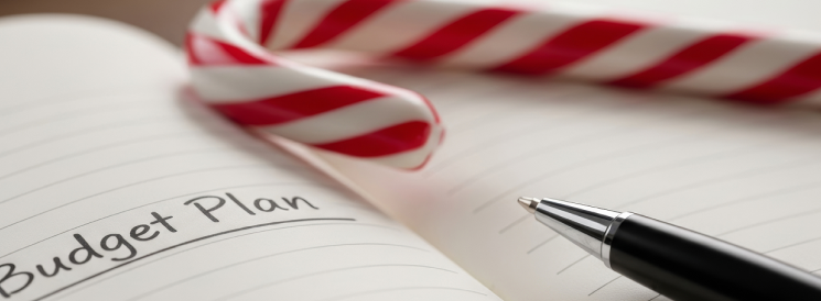 Pen, notebook and red-striped candy cane