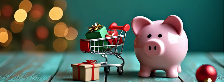 Pink piggy bank under Christmas tree