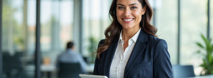Women in blazer smiling in glass office
