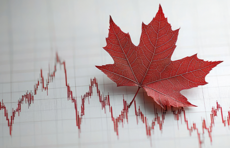 Canadian maple leaf laying on line graph
