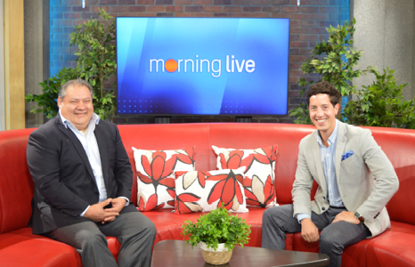 Mark Perkins and Colin Cyr sitting on red couch on the set of CHCH Morning Live