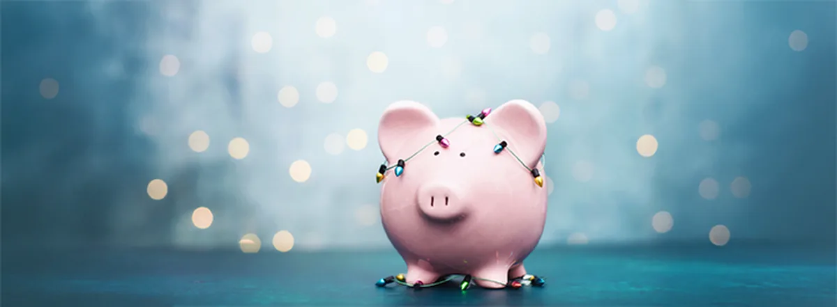 Pink piggy bank with multi-coloured Christmas lights