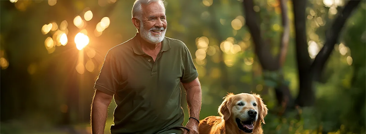 Retired man walking golden retriever in forest on sunny day