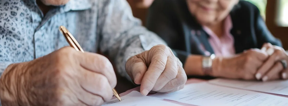 Elderly couple planning estate at kitchen table