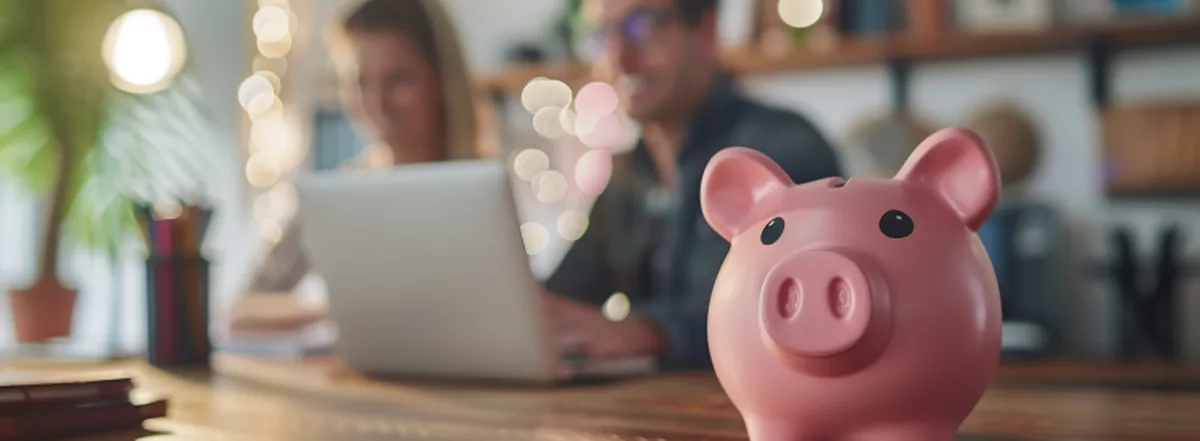 Pink piggy bank next to couple working on laptops together