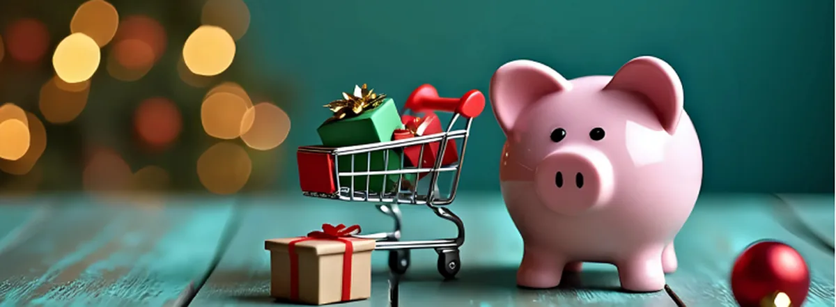 Pink piggy bank under Christmas tree