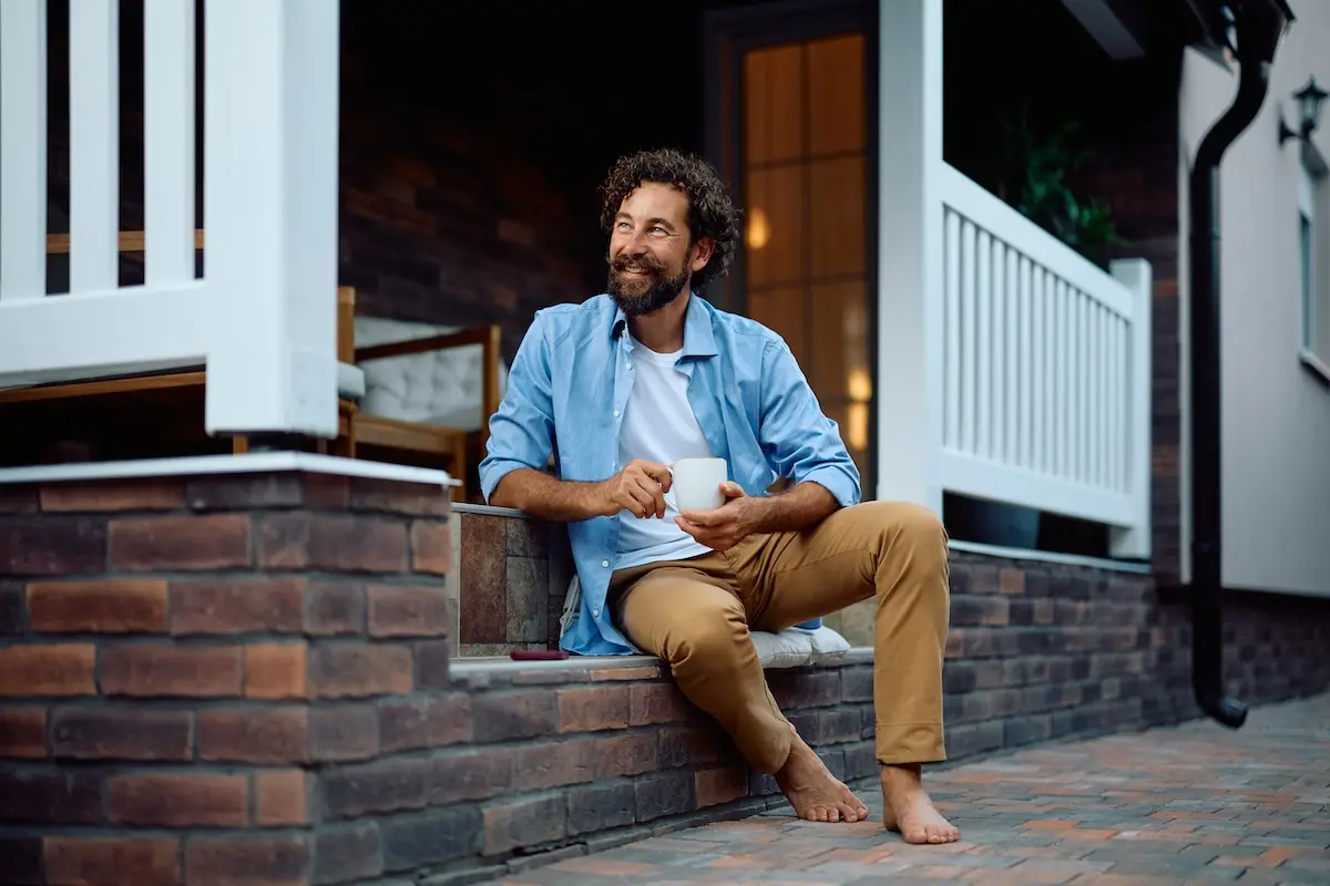 A relaxed homeowner sitting on his porch with a coffee, enjoying the peace of mind that comes with a FirstOntario MeritLine Home Equity Line of Credit.