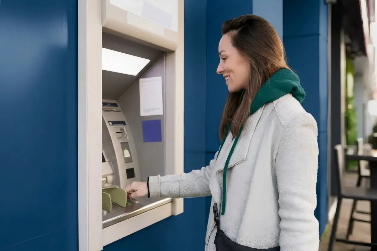 Person using an outdoor ATM machine, wearing a light grey coat over a green hoodie, with a hand positioned near the card slot.