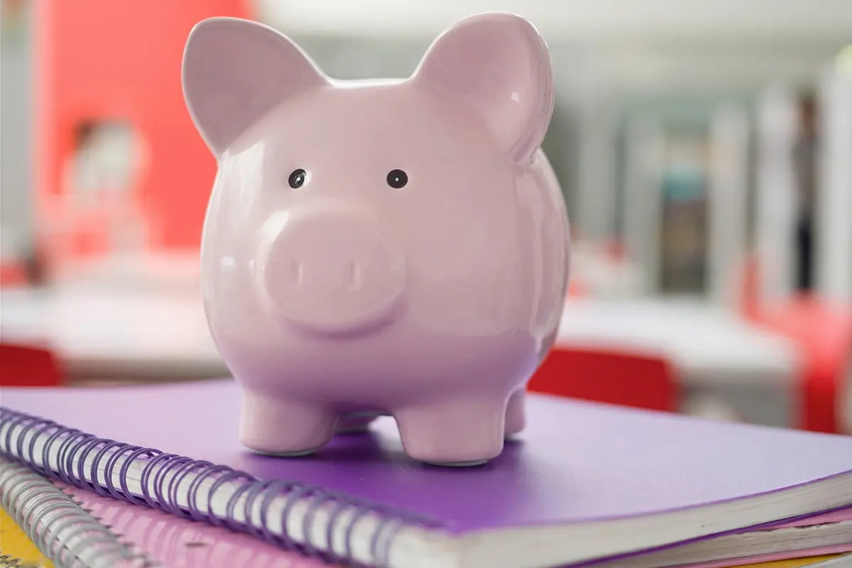 Pink Porcelain Piggy Bank on Stack of Notebooks.