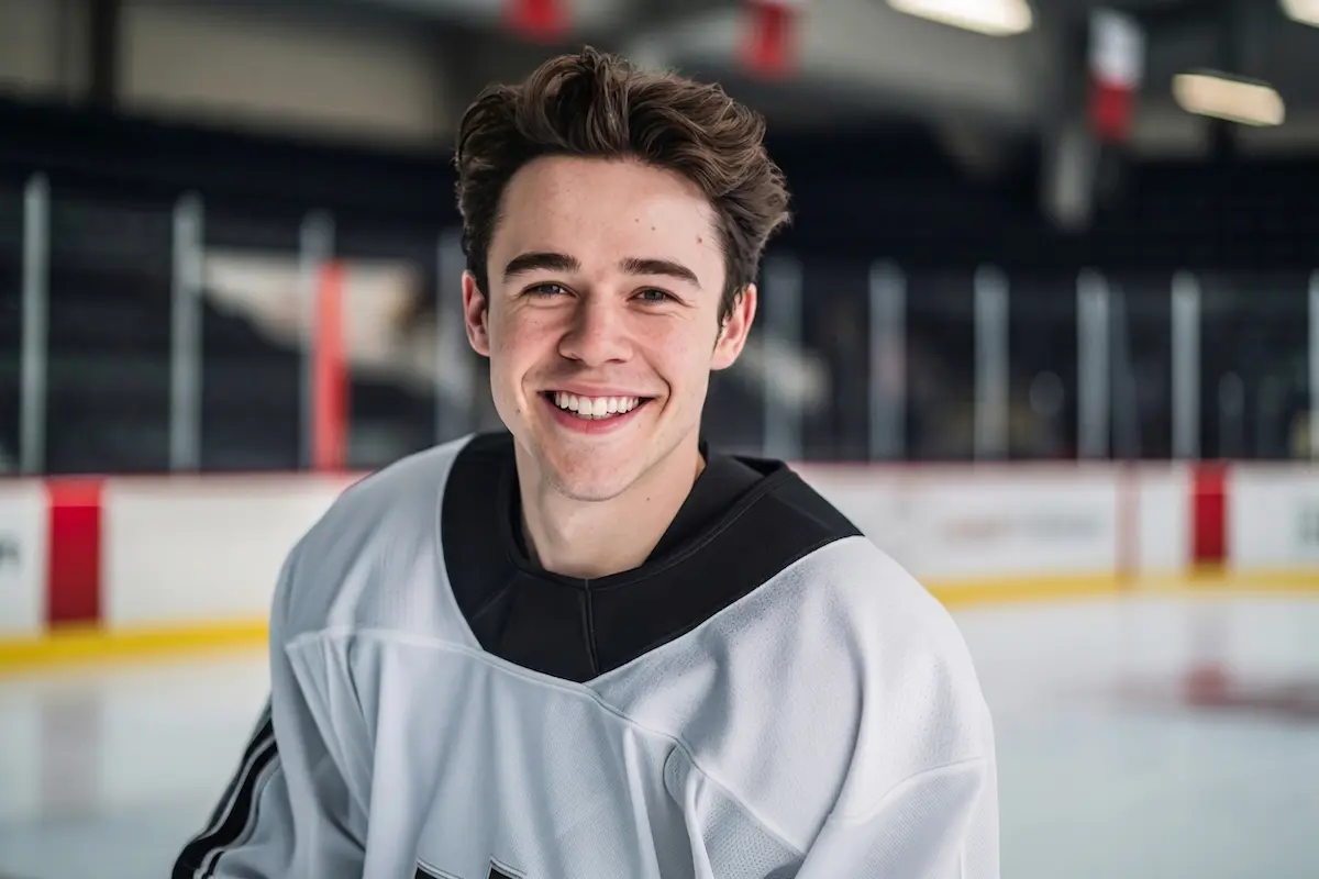 Young hockey player wearing a grey jersey, smiling while on ice.