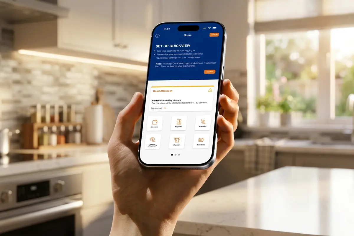 Hand holding a smartphone displaying the FirstOntario Credit Union banking app interface.