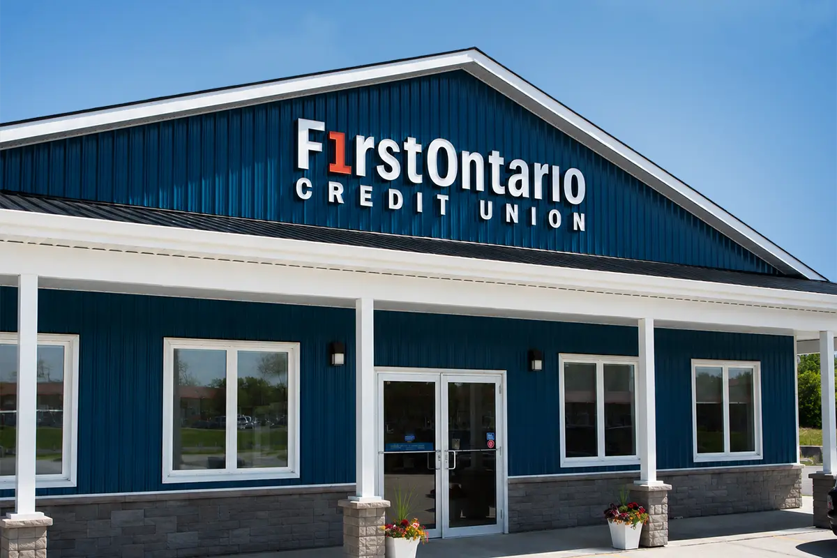Visit the FirstOntario Cayuga Branch for friendly local banking. Exterior view of the FirstOntario Credit Union branch building in Cayuga, Ontario.