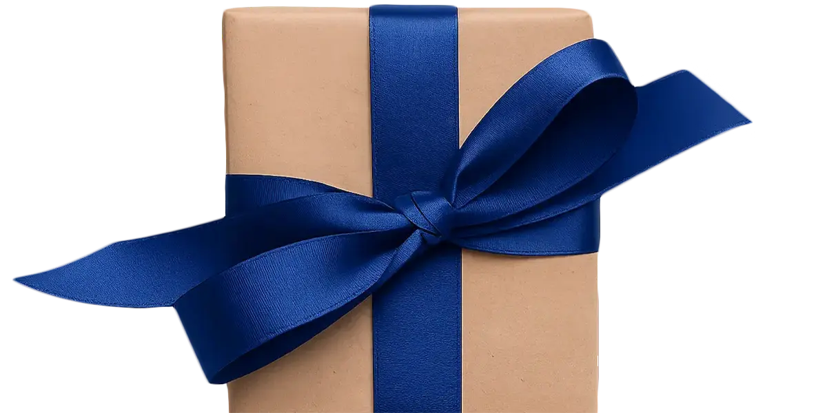 Welcome bonus for new members. Gift box wrapped with a blue ribbon.
