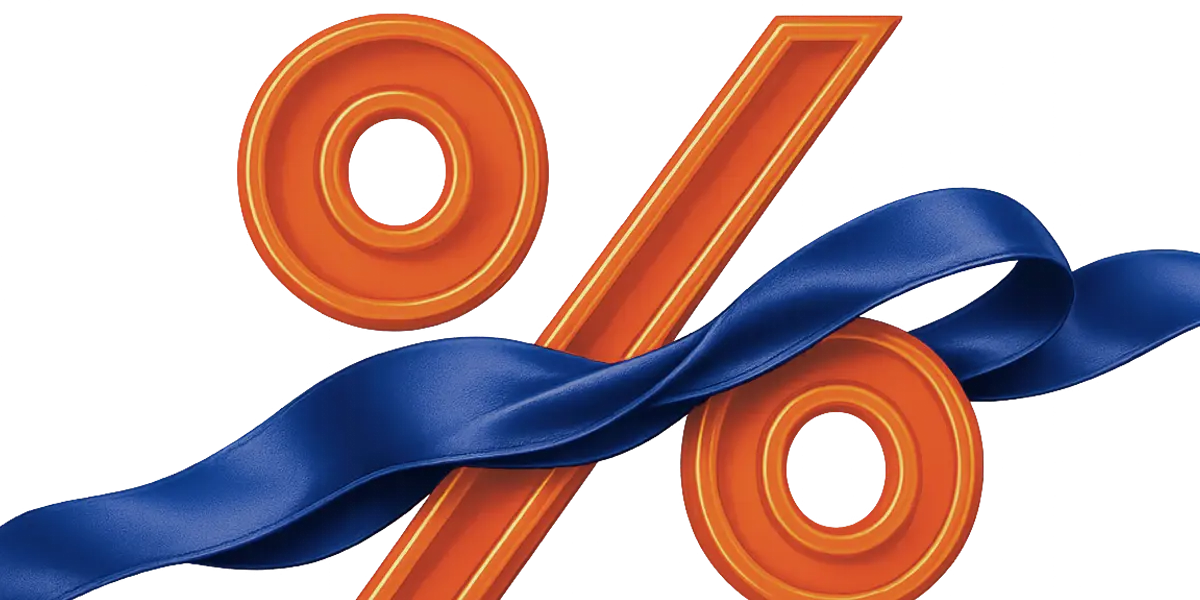 Exclusive member rates and savings. Orange percentage symbol with a flowing blue ribbon.