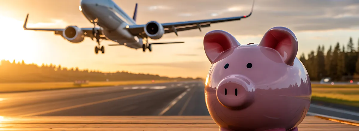 Pink piggy bank with plane taking off in background